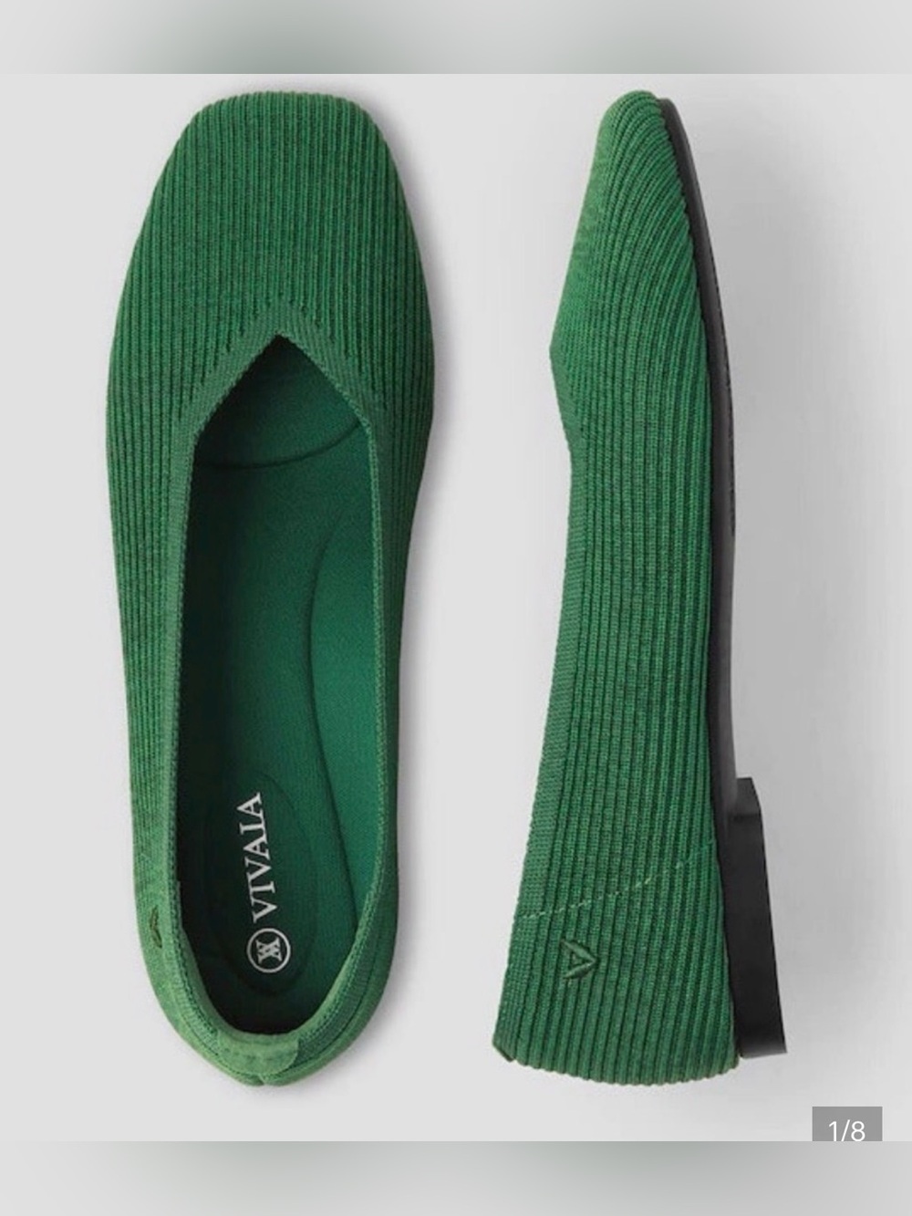 Vivaia Margot Square Toe V Cut Ribbed Forest Green Flats size 7-8.5/EU38 EUC